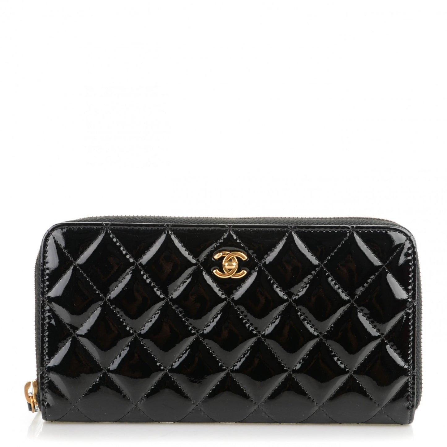 Patent Quilted Zip Around Wallet Black