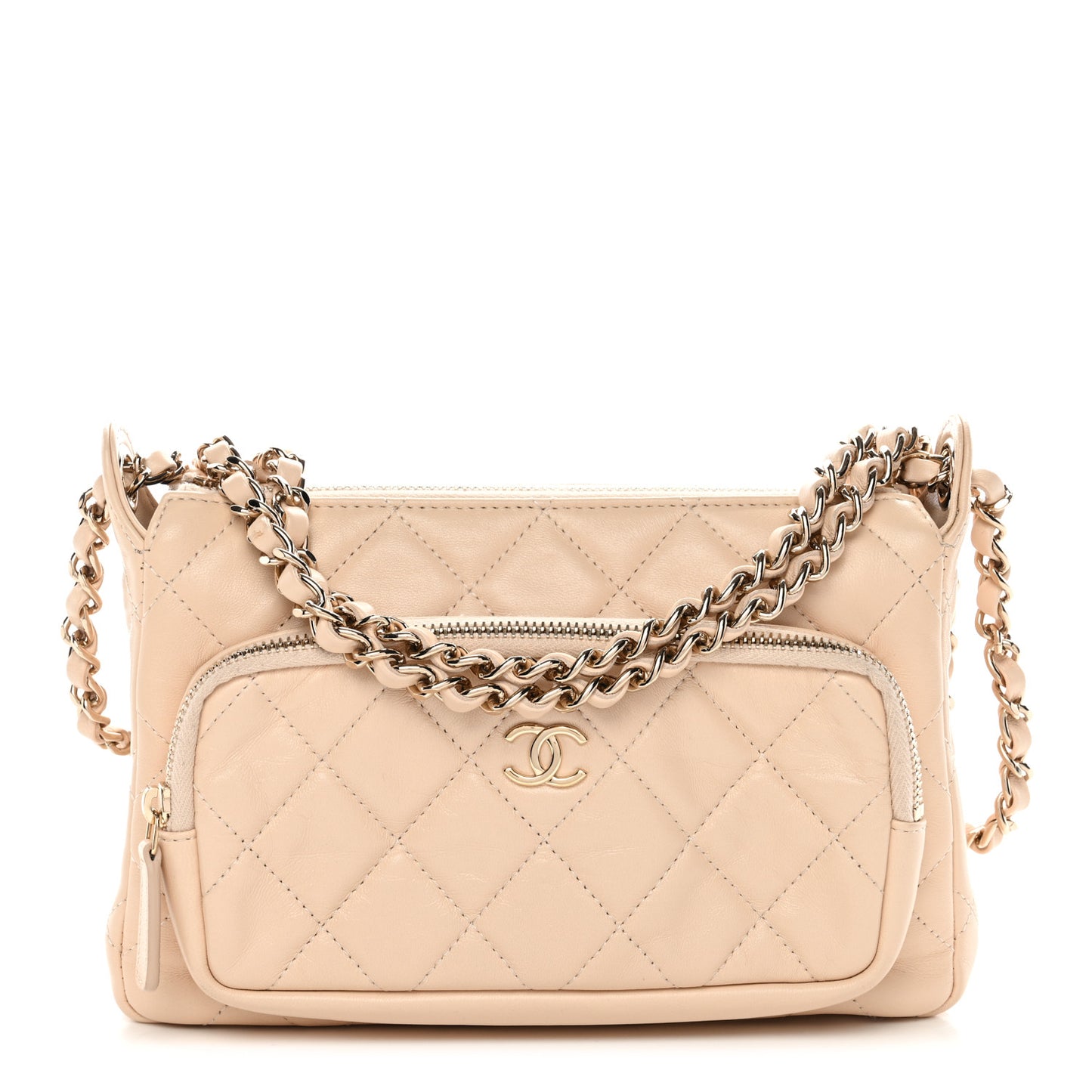 Shiny Crumpled Lambskin Quilted Small Preppy Pocket Clutch With Chain Beige