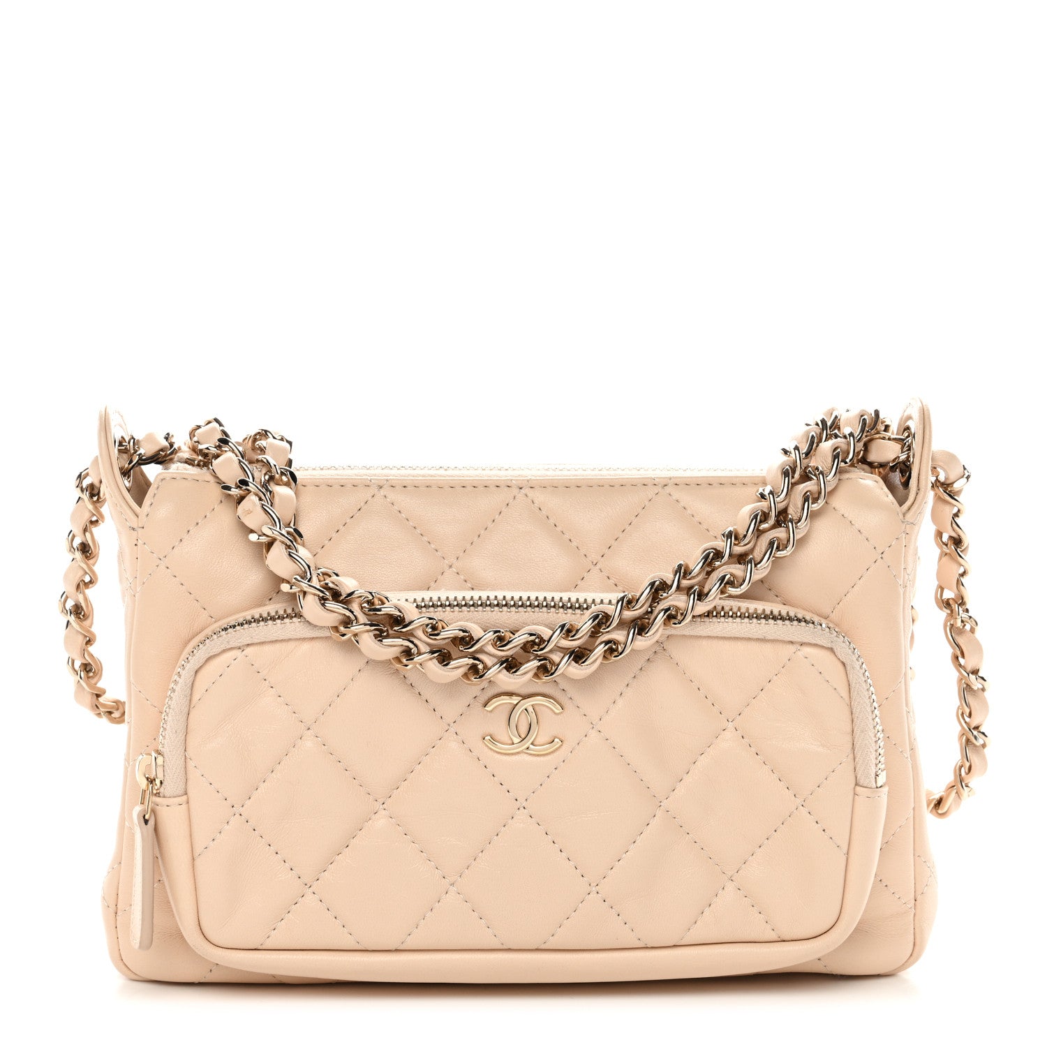 Chanel Shiny Crumpled Lambskin Quilted Small Preppy Pocket Clutch With Chain Beige 1 of 11