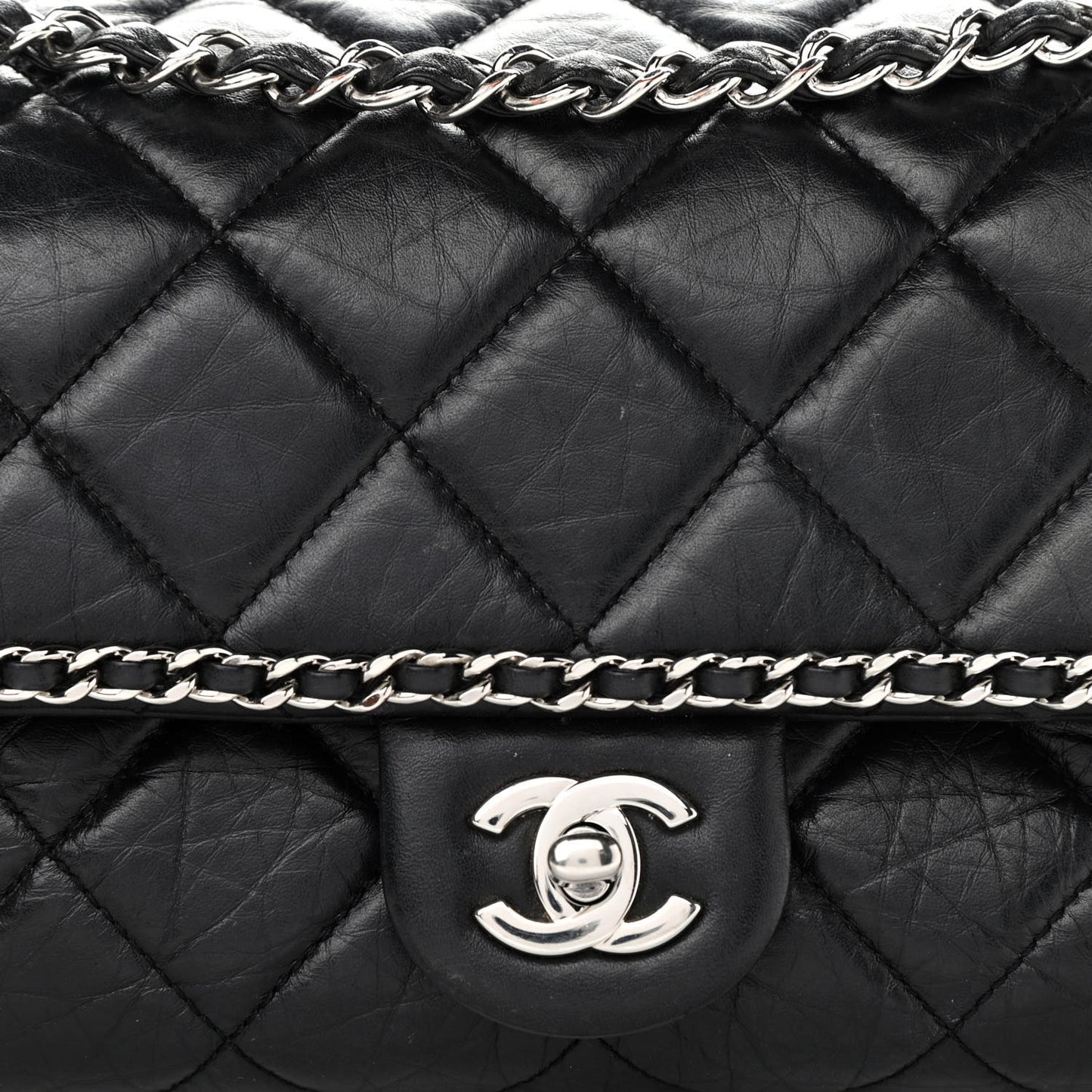 Crumpled Calfskin Medium Chain All Over Flap Black