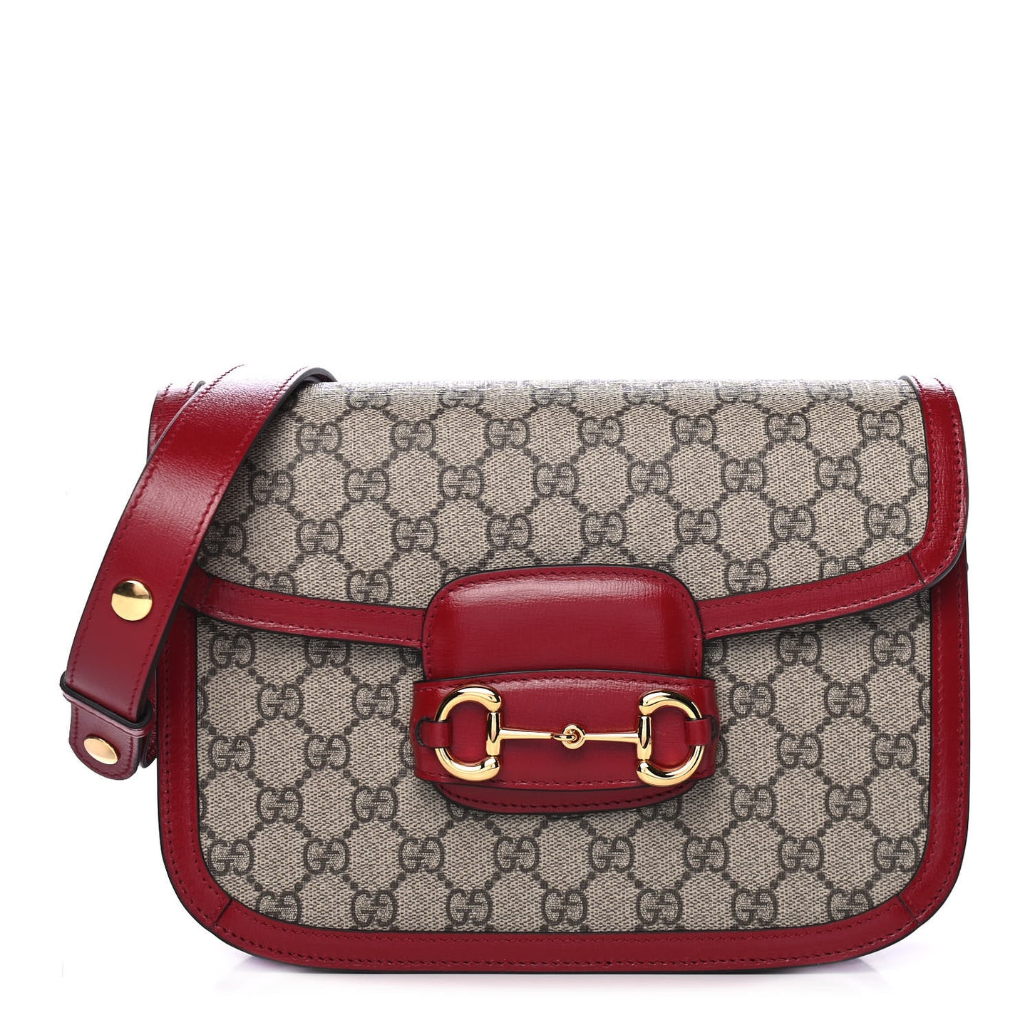 GG Supreme Monogram Azalea Calfskin Horsebit 1955 Shoulder Bag Beige Ebony New Cherry Red