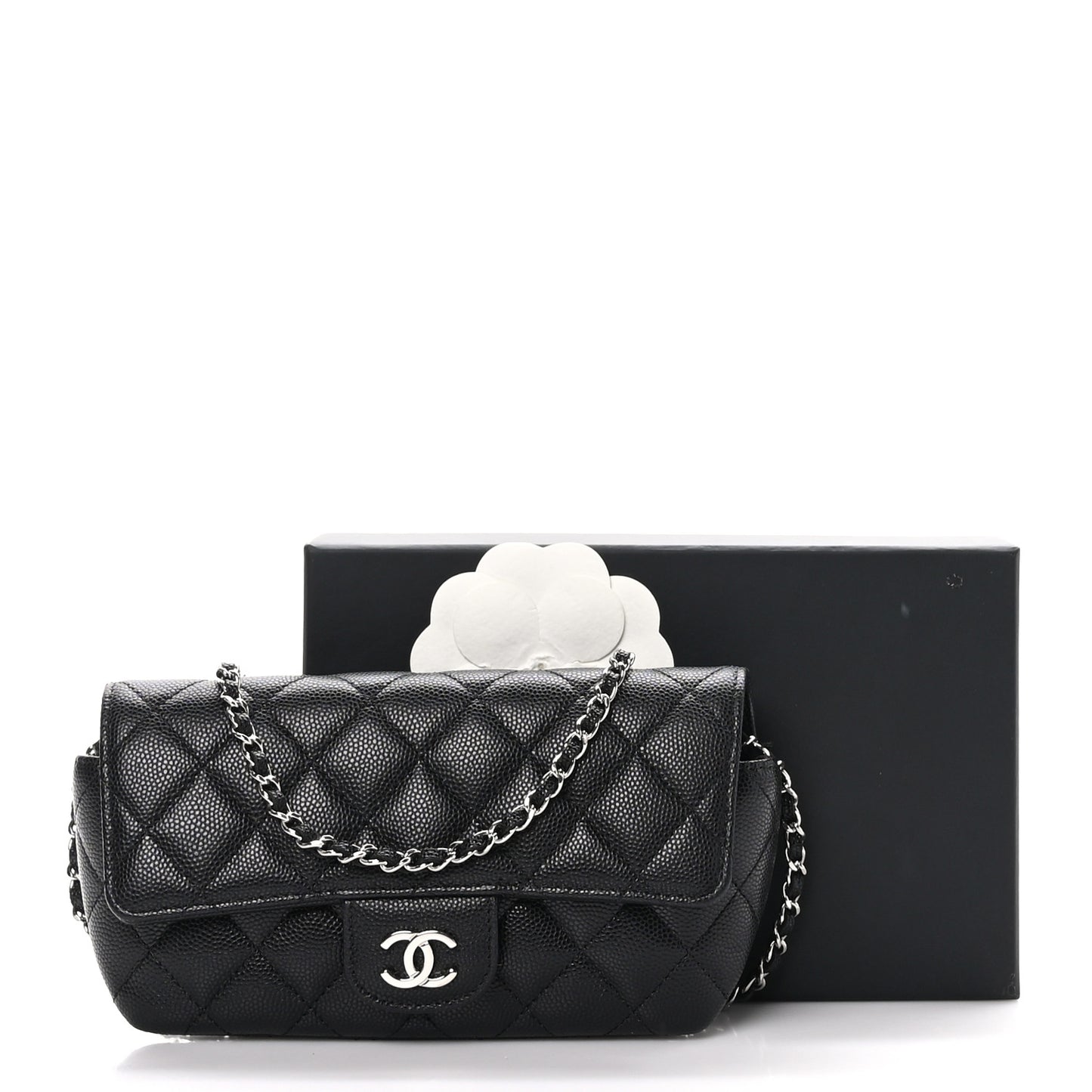 Caviar Quilted Glasses Case With Chain Black