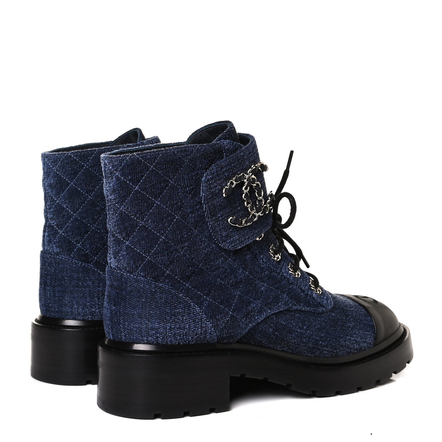 Shiny Calfskin Velvet Quilted Lace Up Combat Boots 39 Blue Black