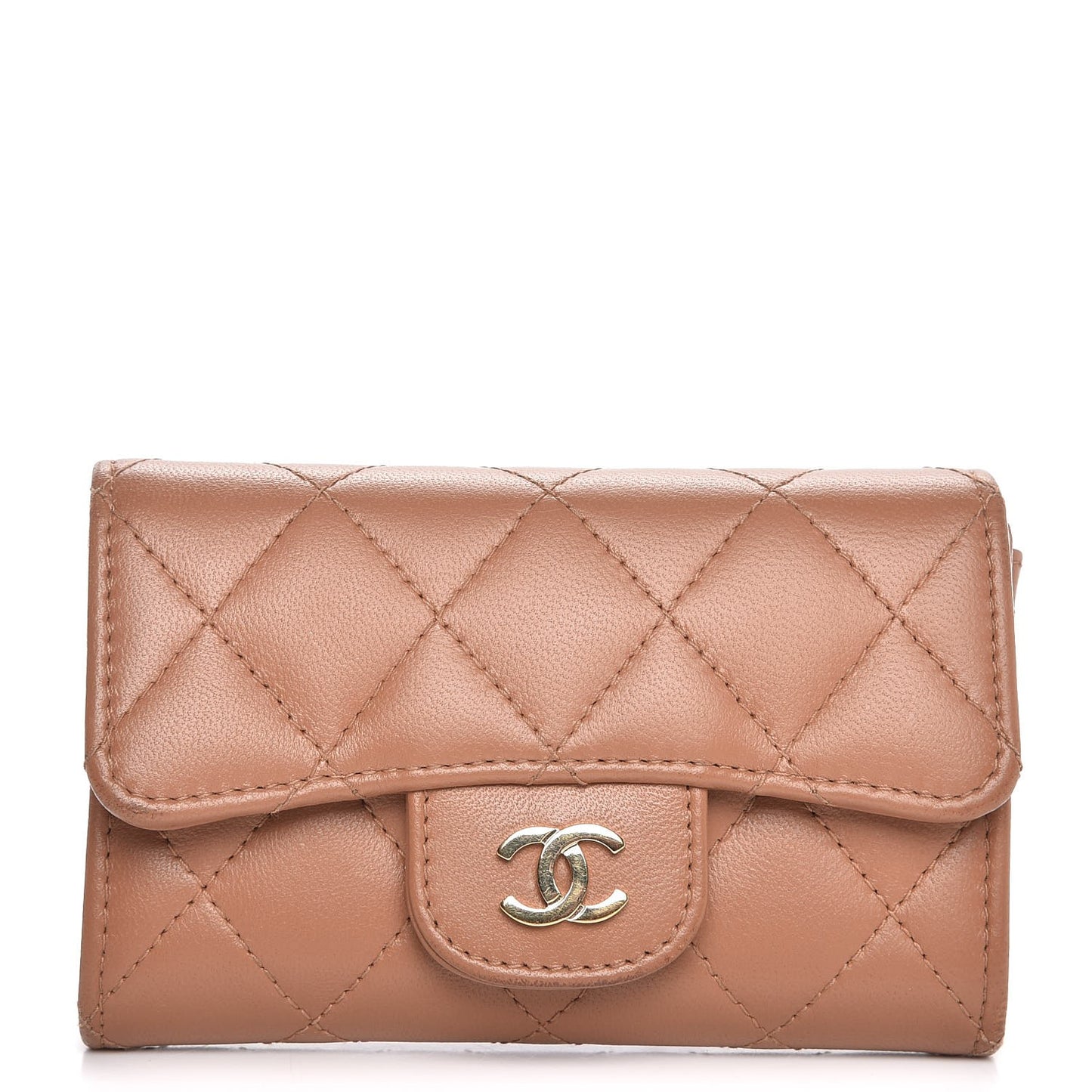 Lambskin Quilted Flap Card Holder Beige