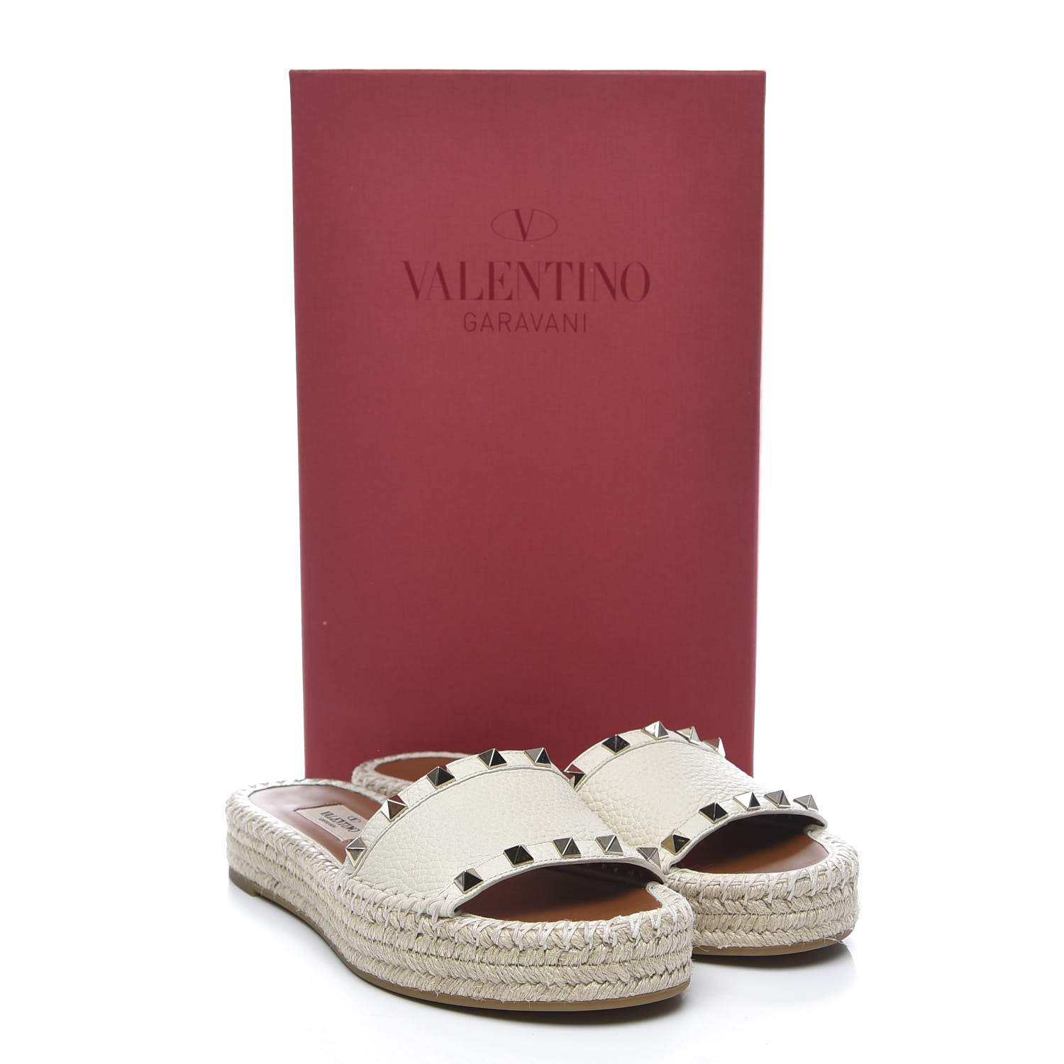 Valentino Garavani Grained Calfskin Rockstud Espadrille Flat Slide Sandals 36 Ivory 9 of 9