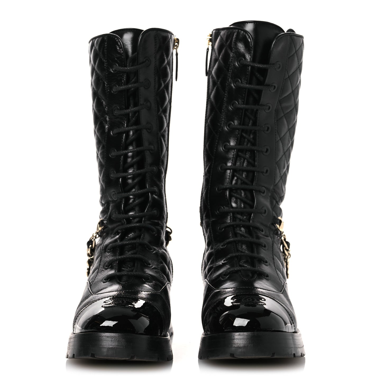 Shiny Calfskin Patent Quilted Chain Lace Up Combat Long Boots 37 Black