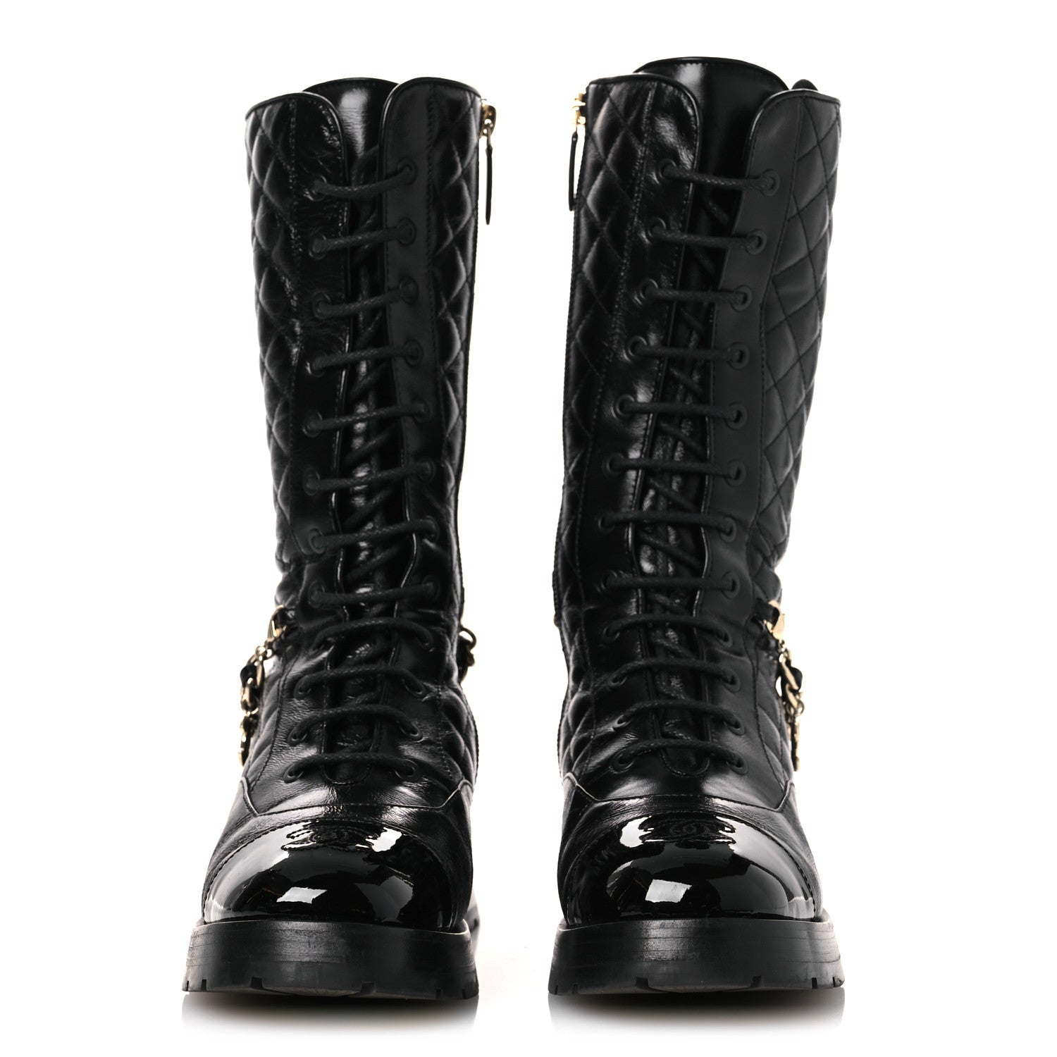 Chanel Shiny Calfskin Patent Quilted Chain Lace Up Combat Long Boots 37 Black 3 of 11