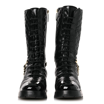 Chanel Shiny Calfskin Patent Quilted Chain Lace Up Combat Long Boots 37 Black 3 of 11