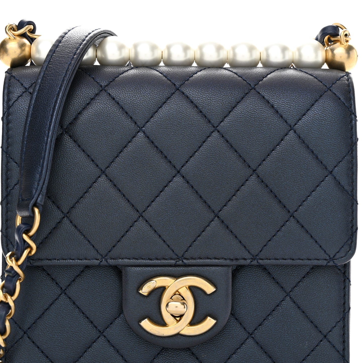 Iridescent Lambskin Quilted Chic Pearls Flap Navy Blue