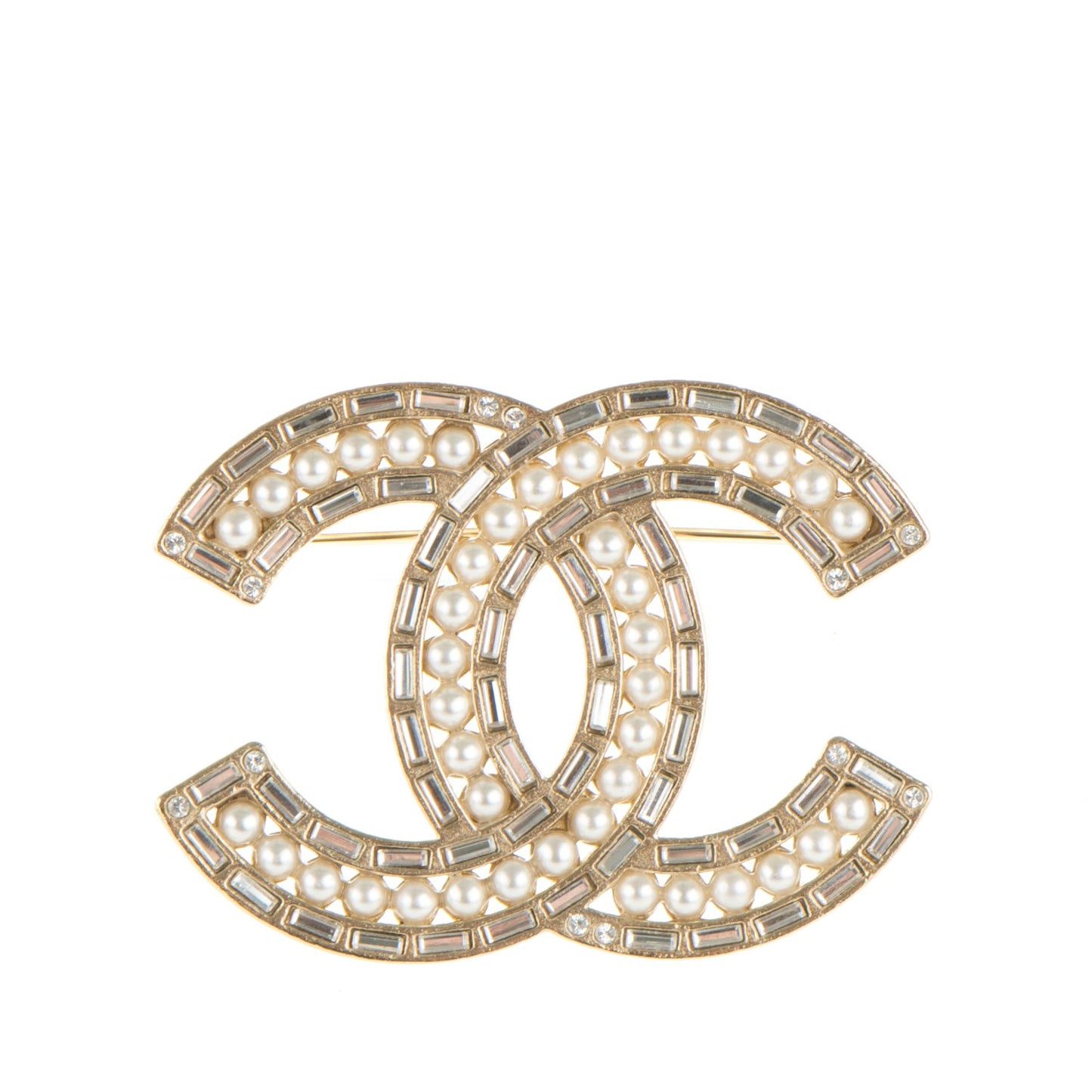 Pearl Baguette Crystal CC Brooch Gold