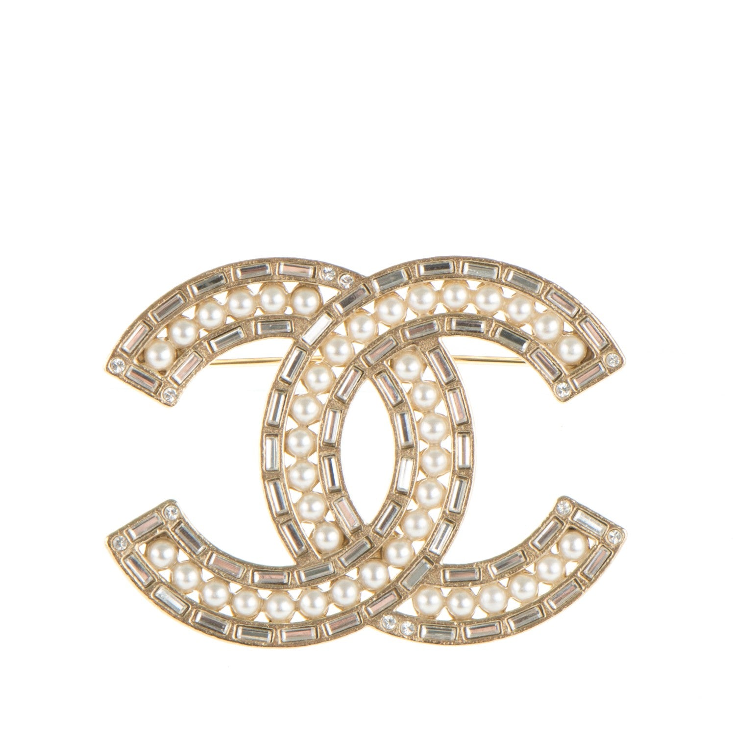 Chanel Pearl Baguette Crystal CC Brooch Gold 1 of 4