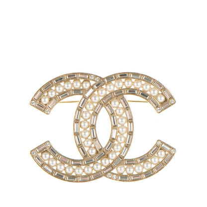Chanel Pearl Baguette Crystal CC Brooch Gold 1 of 4