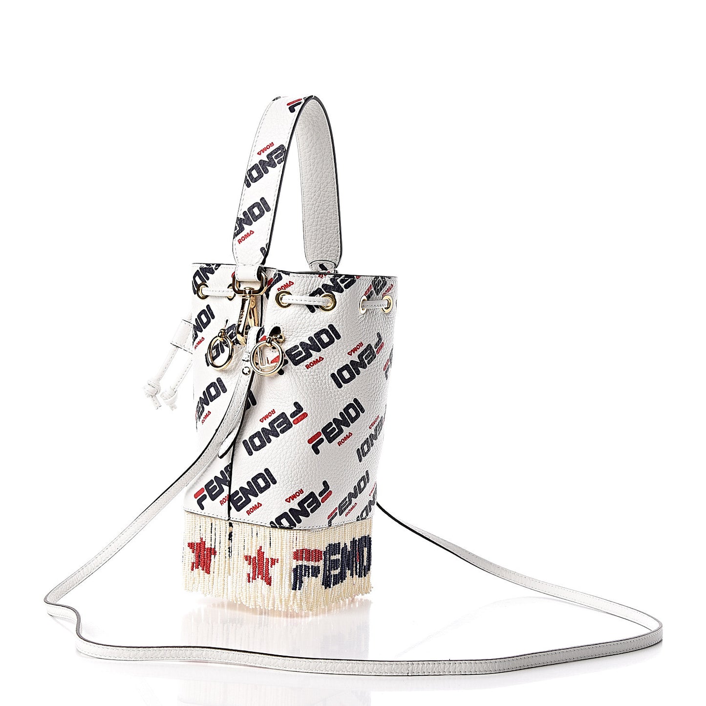 X FILA Calfskin F is Fendi Mania Fringe Mini Mon Tresor Bucket Bag White