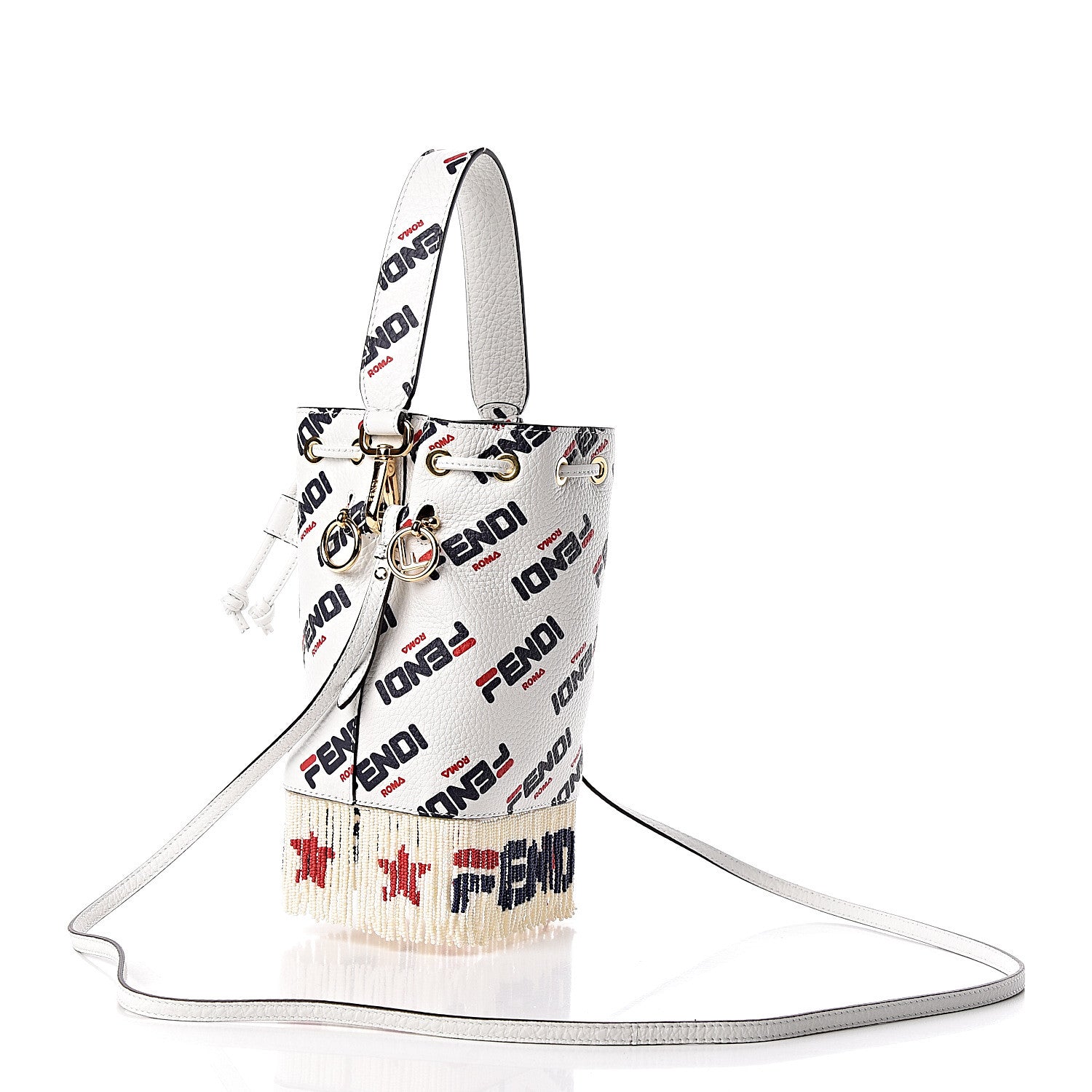 Fendi X FILA Calfskin F is Fendi Mania Fringe Mini Mon Tresor Bucket Bag White 3 of 11