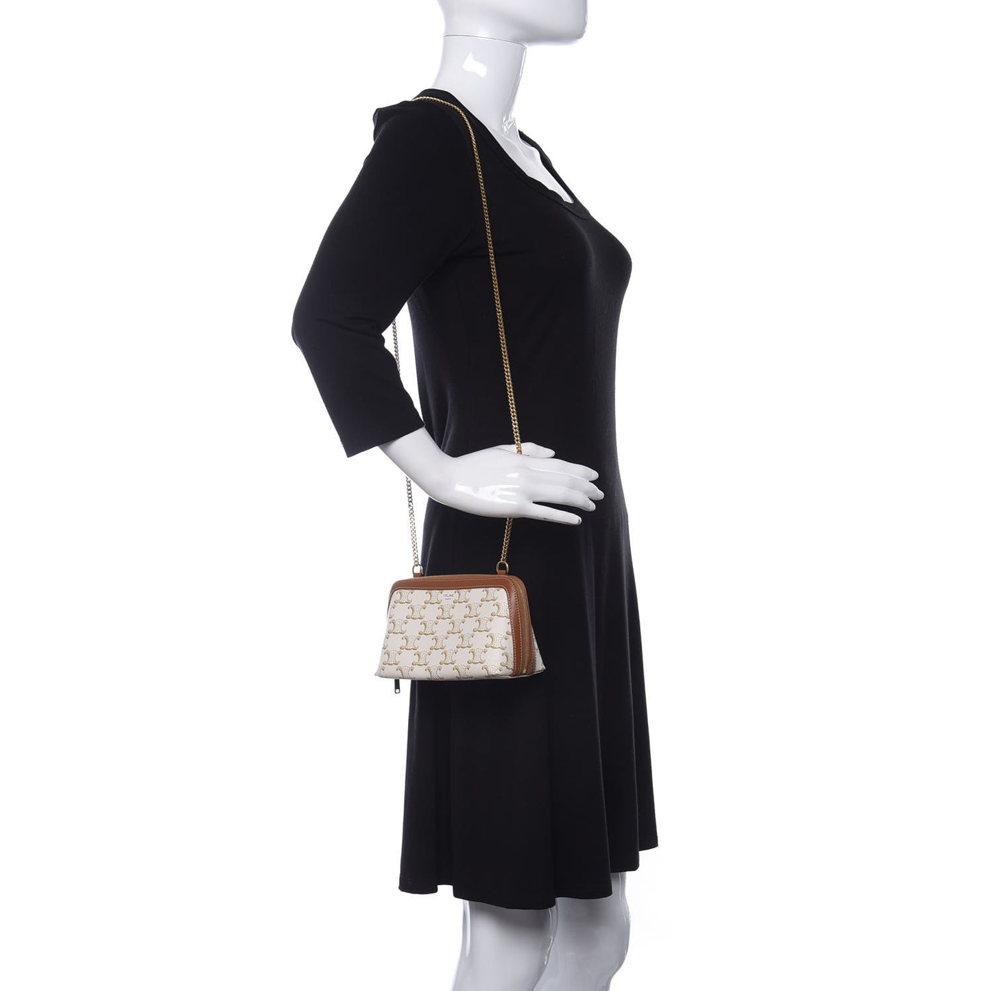 Lambskin Triomphe Canvas Clutch With Chain White Tan