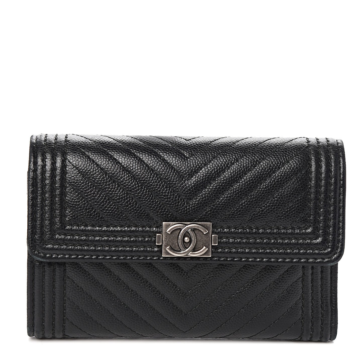 Caviar Chevron Quilted Medium Boy Flap Wallet Black