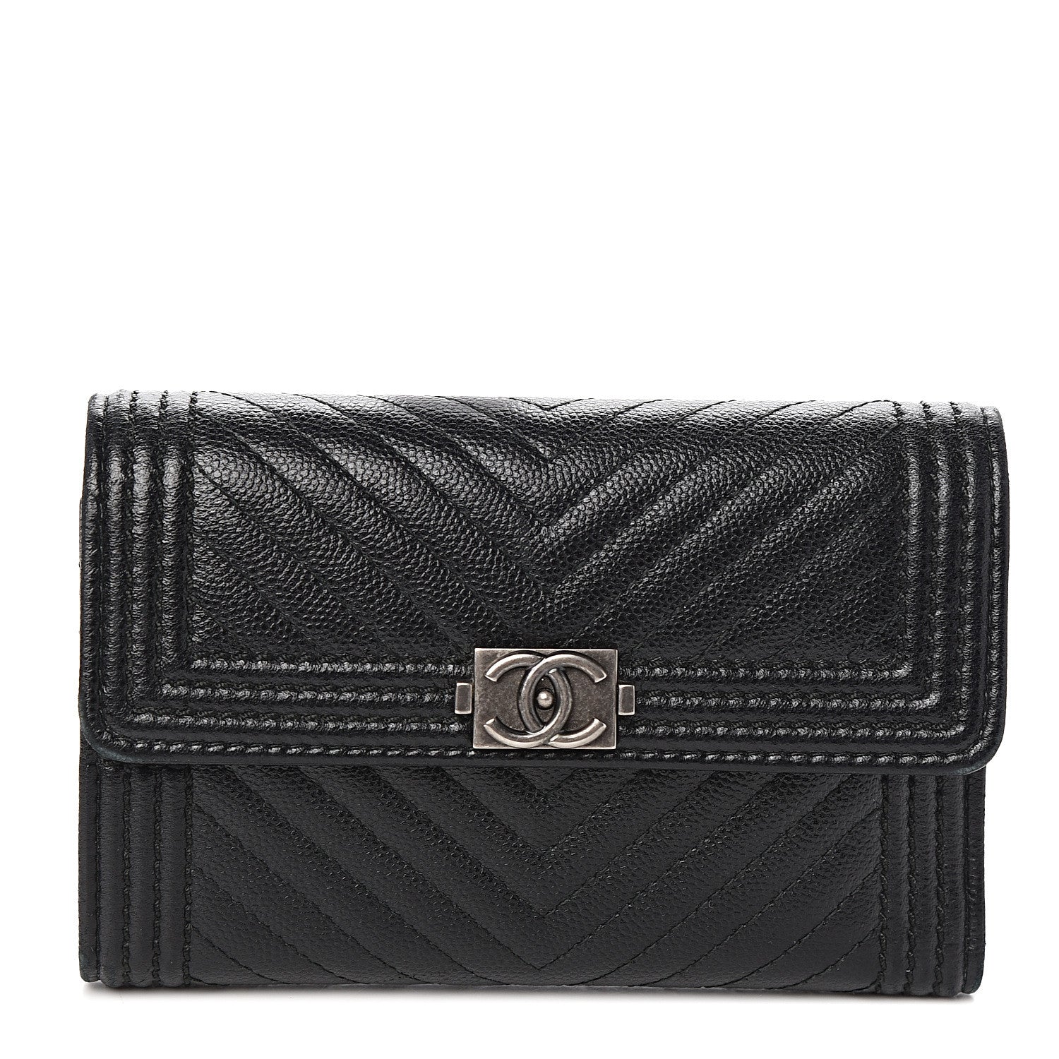 Chanel Caviar Chevron Quilted Medium Boy Flap Wallet Black 1 of 8