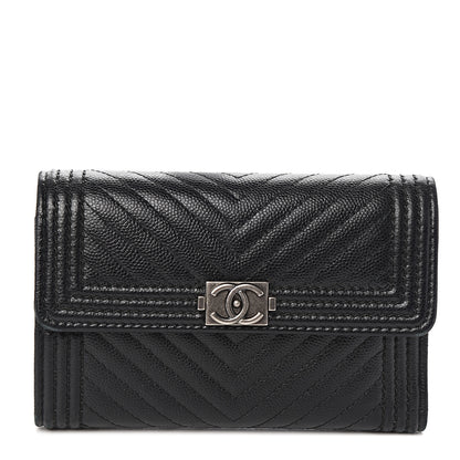 Chanel Caviar Chevron Quilted Medium Boy Flap Wallet Black 1 of 8