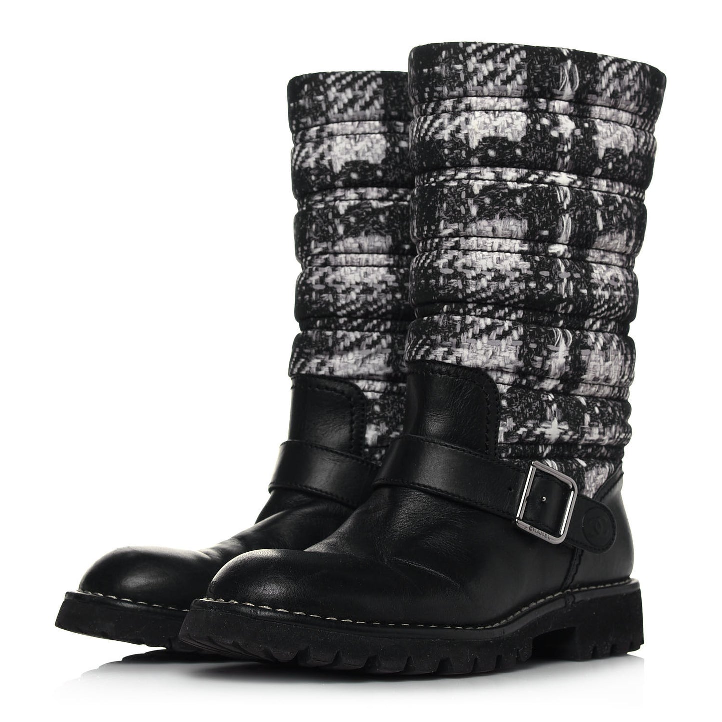 Calfskin Tweed Nylon Printed Boots 37 Black