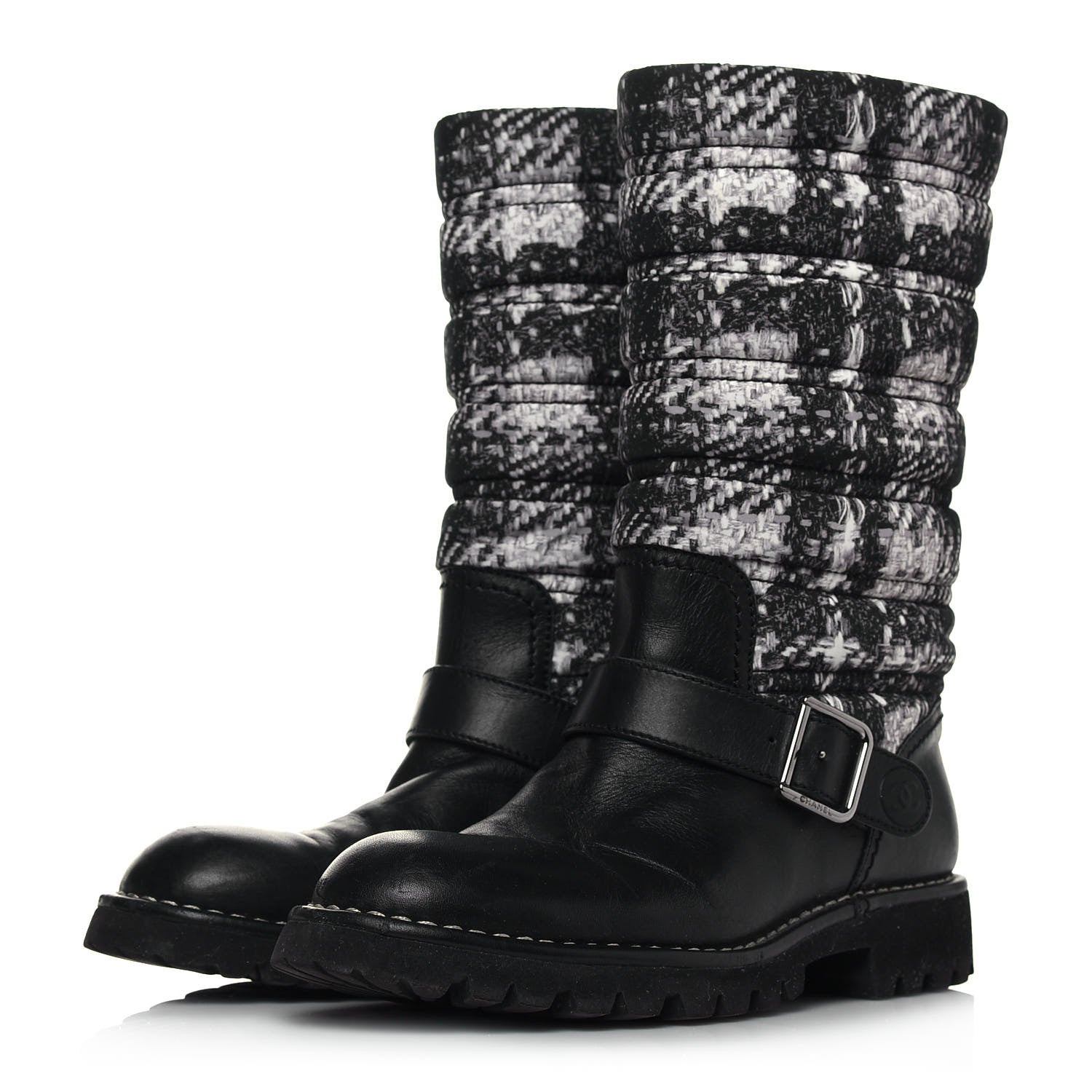 Chanel Calfskin Tweed Nylon Printed Boots 37 Black 3 of 7