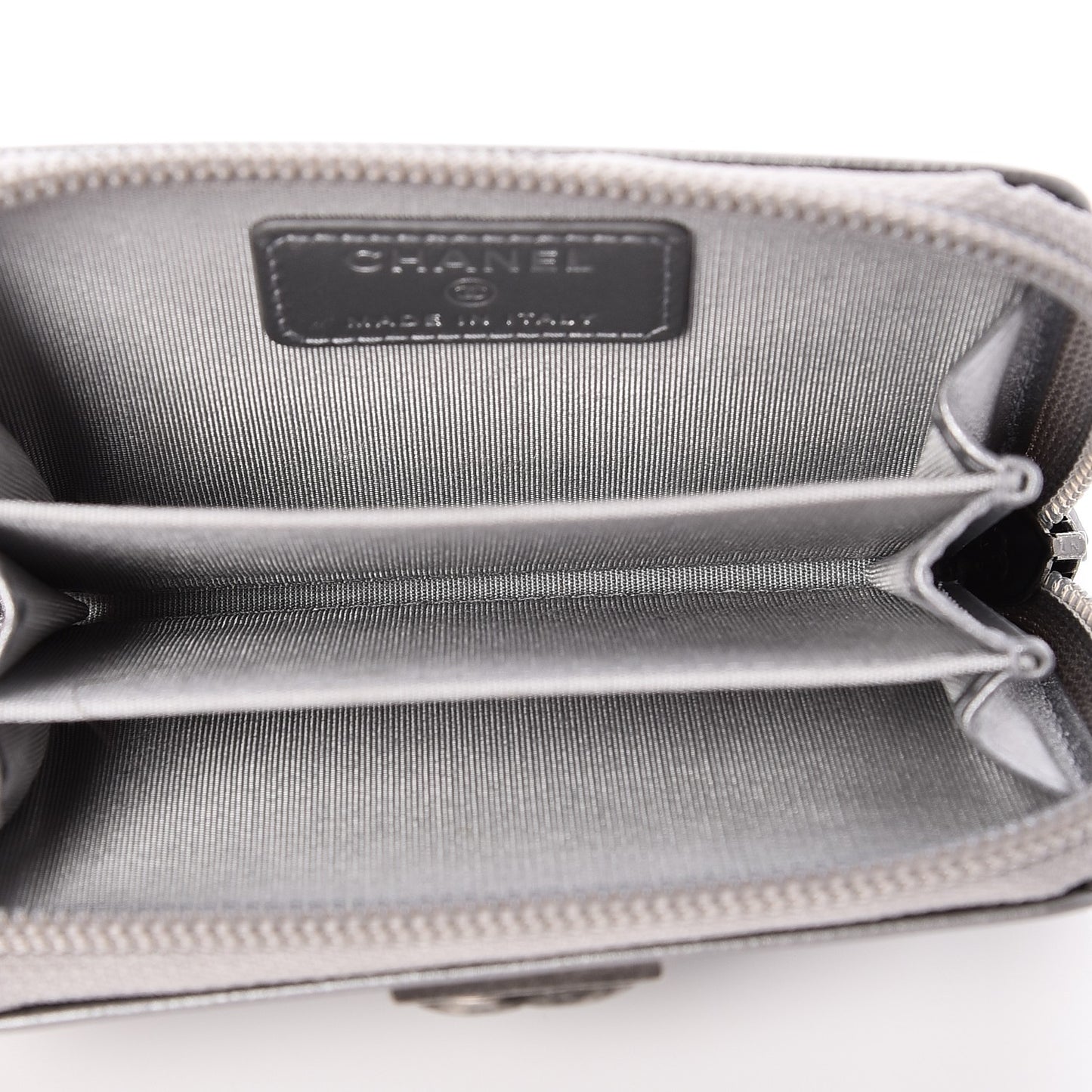 Metallic Caviar Quilted Boy Zip Around Coin Purse Wallet Silver
