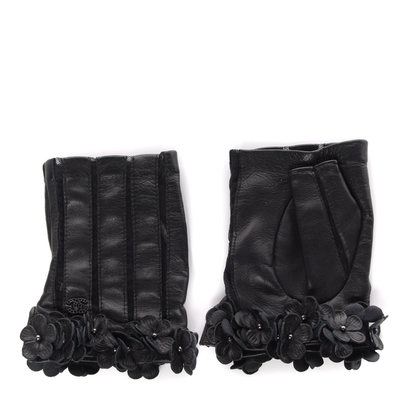 Lambskin Mesh Panel Camellia Fingerless Gloves 7 Black