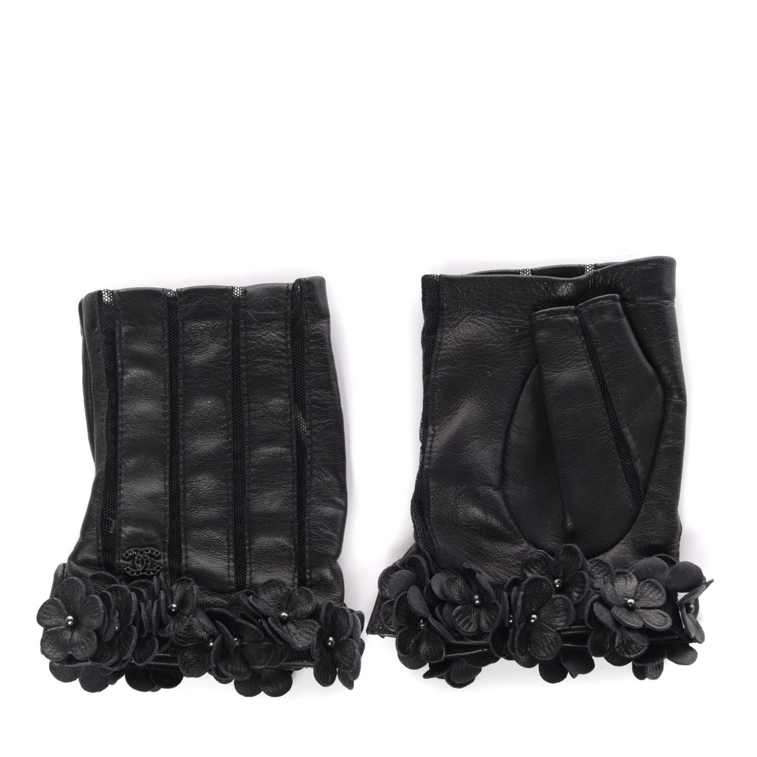 Chanel Lambskin Mesh Panel Camellia Fingerless Gloves 7 Black 1 of 6