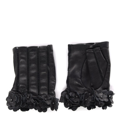 Chanel Lambskin Mesh Panel Camellia Fingerless Gloves 7 Black 1 of 6