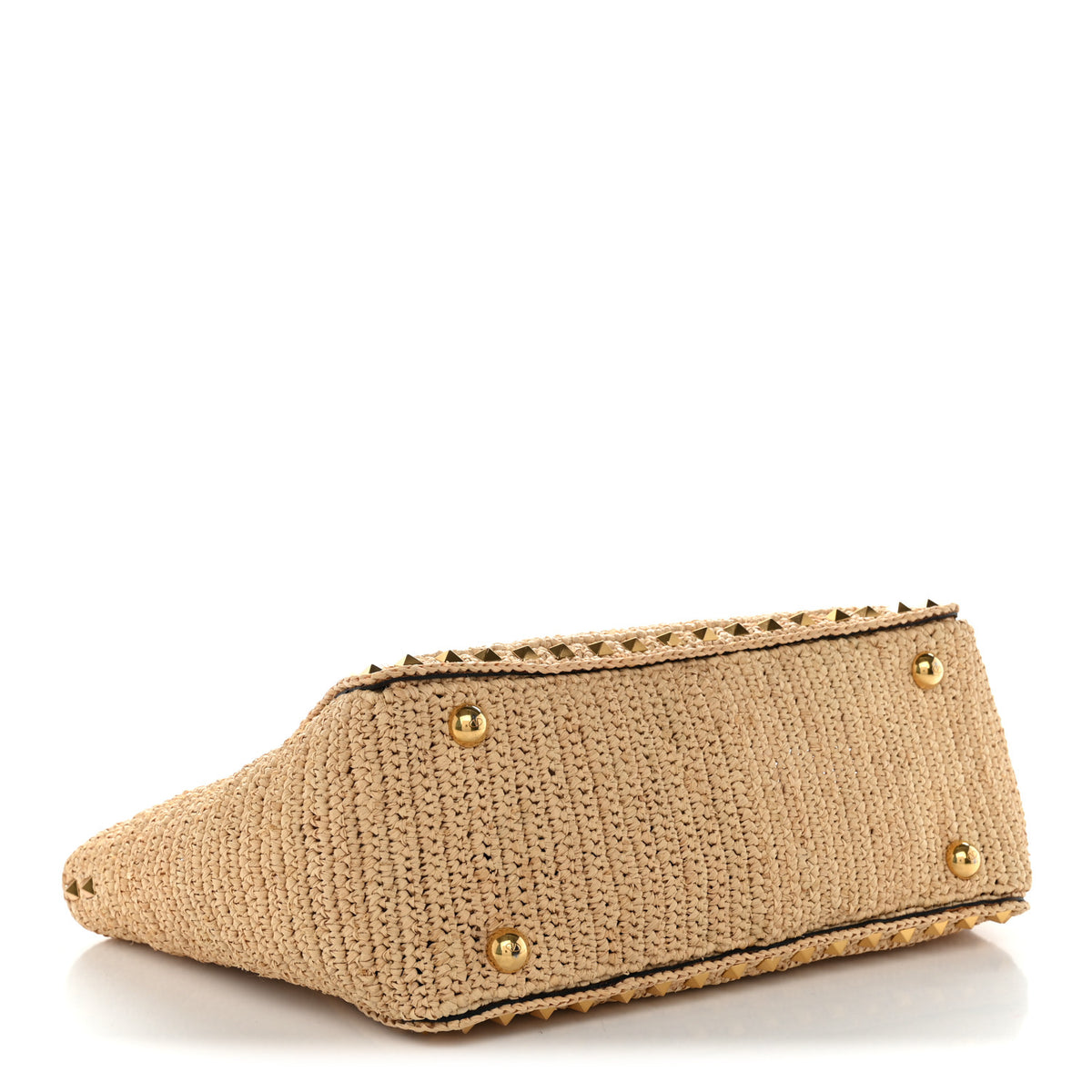 Valentino Garavani Raffia Calfskin Small Rockstud Tote Naturale Saddle Brown 4 of 9
