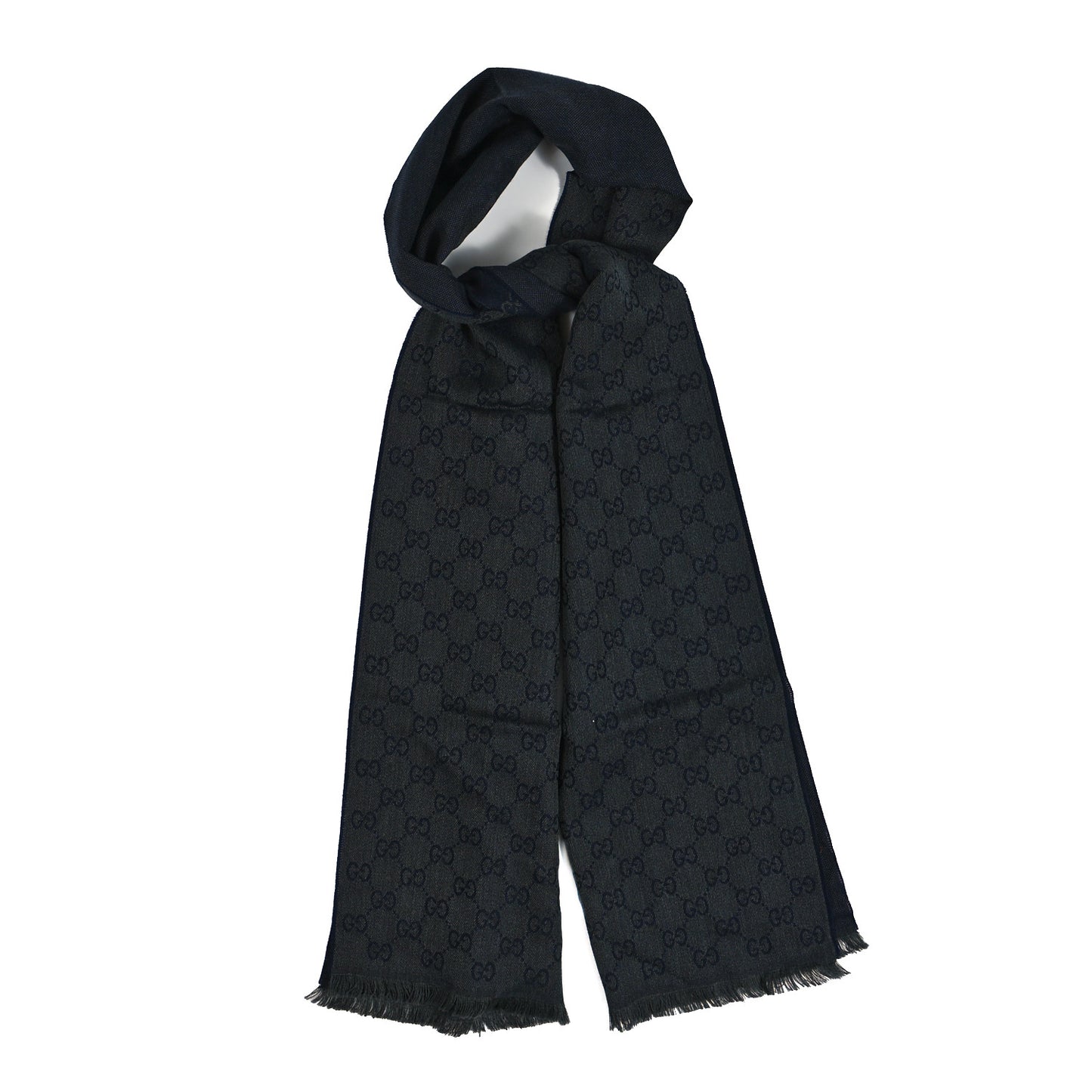 Wool GG Monogram HalfGG Fringe Scarf Anthracite Black