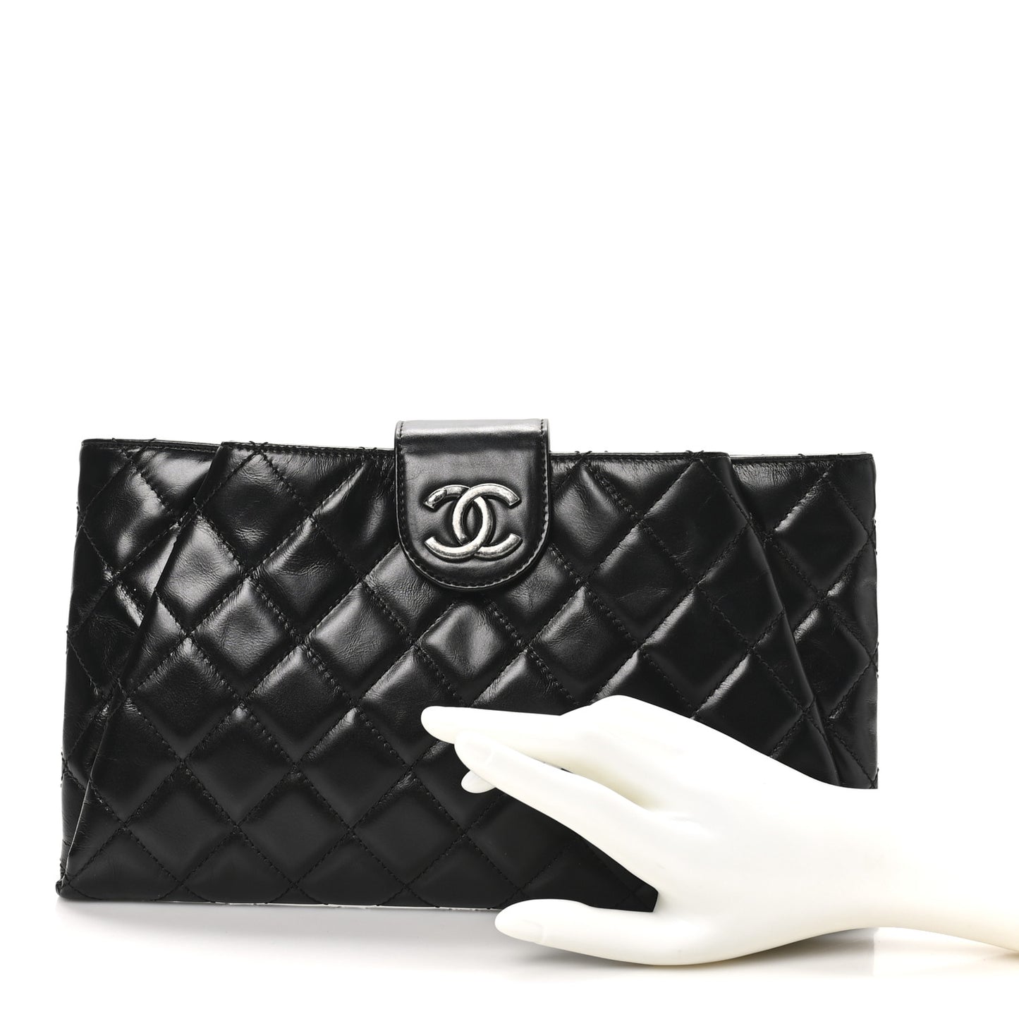 Glazed Calfskin Quilted Coco Pleats Clutch Black