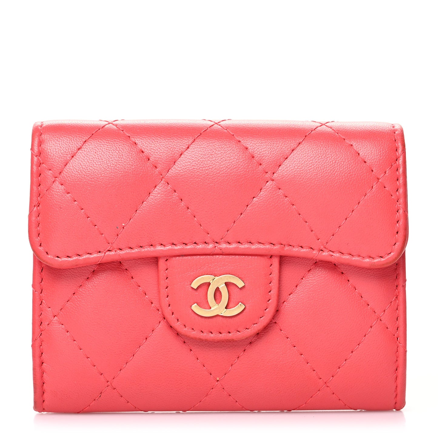 Lambskin Quilted Flap Card Holder Wallet Coral