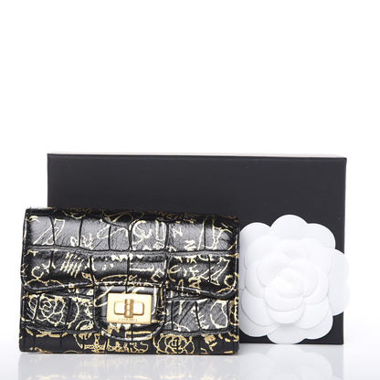 Chanel Calfskin Crocodile Embossed Graffiti 2.55 Cocodile Reissue Flap Card Holder Black Gold 9 of 9