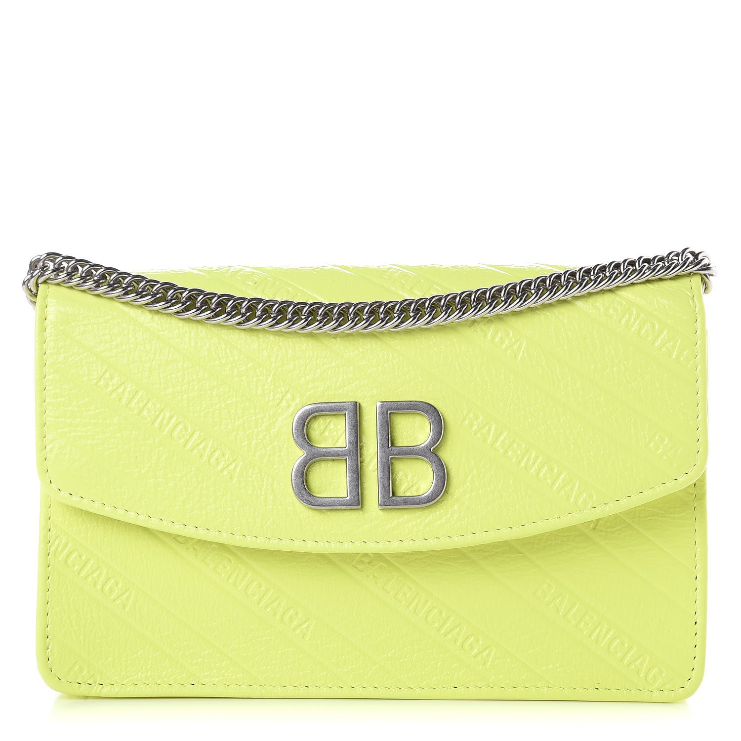 Balenciaga Shiny Goatskin Logo Embossed BB Wallet On Chain Acid Green 1 of 8