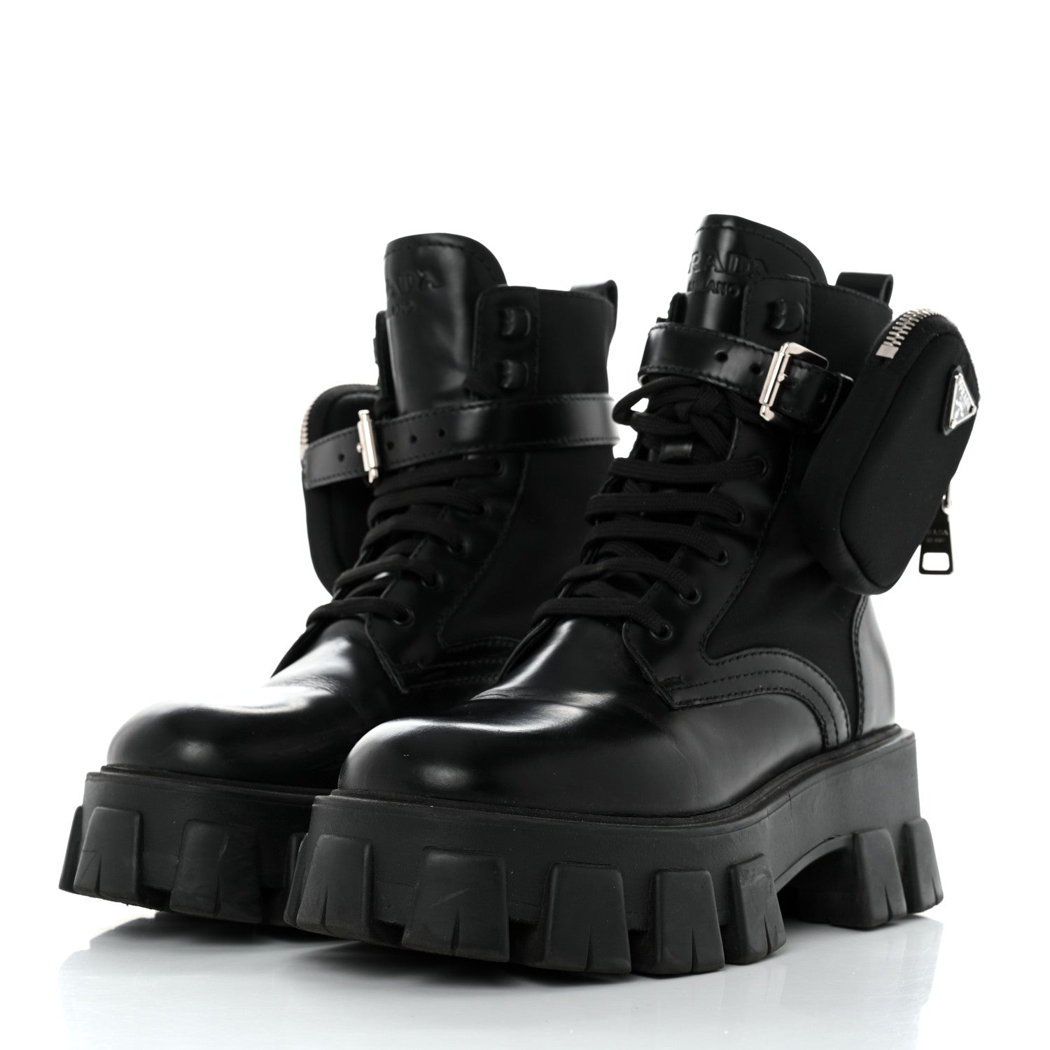 Prada Spazzolato Rois Nylon Metal Triangle Logo Monolith Pouch Pocket 55mm Boots 36 Black 3 of 8