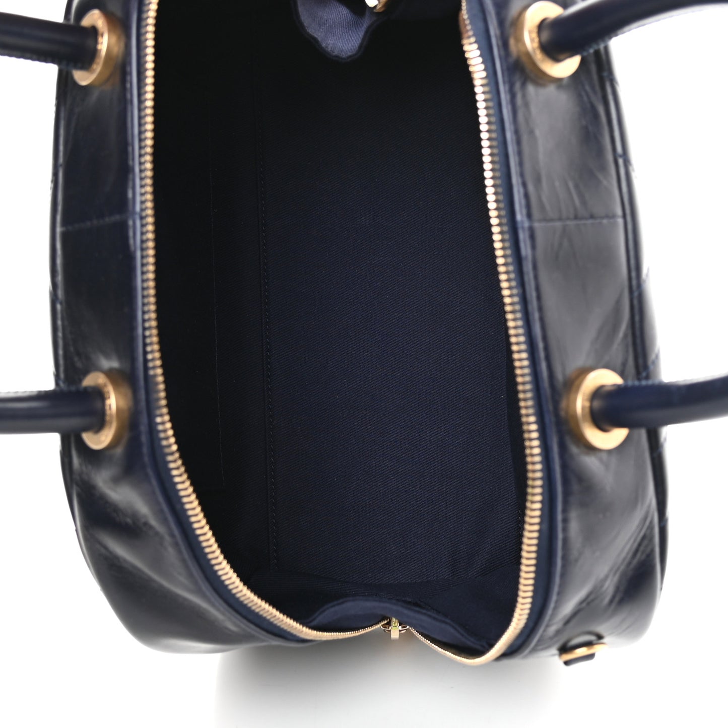 Glazed Calfskin Chevron Small Bowling Bag Navy