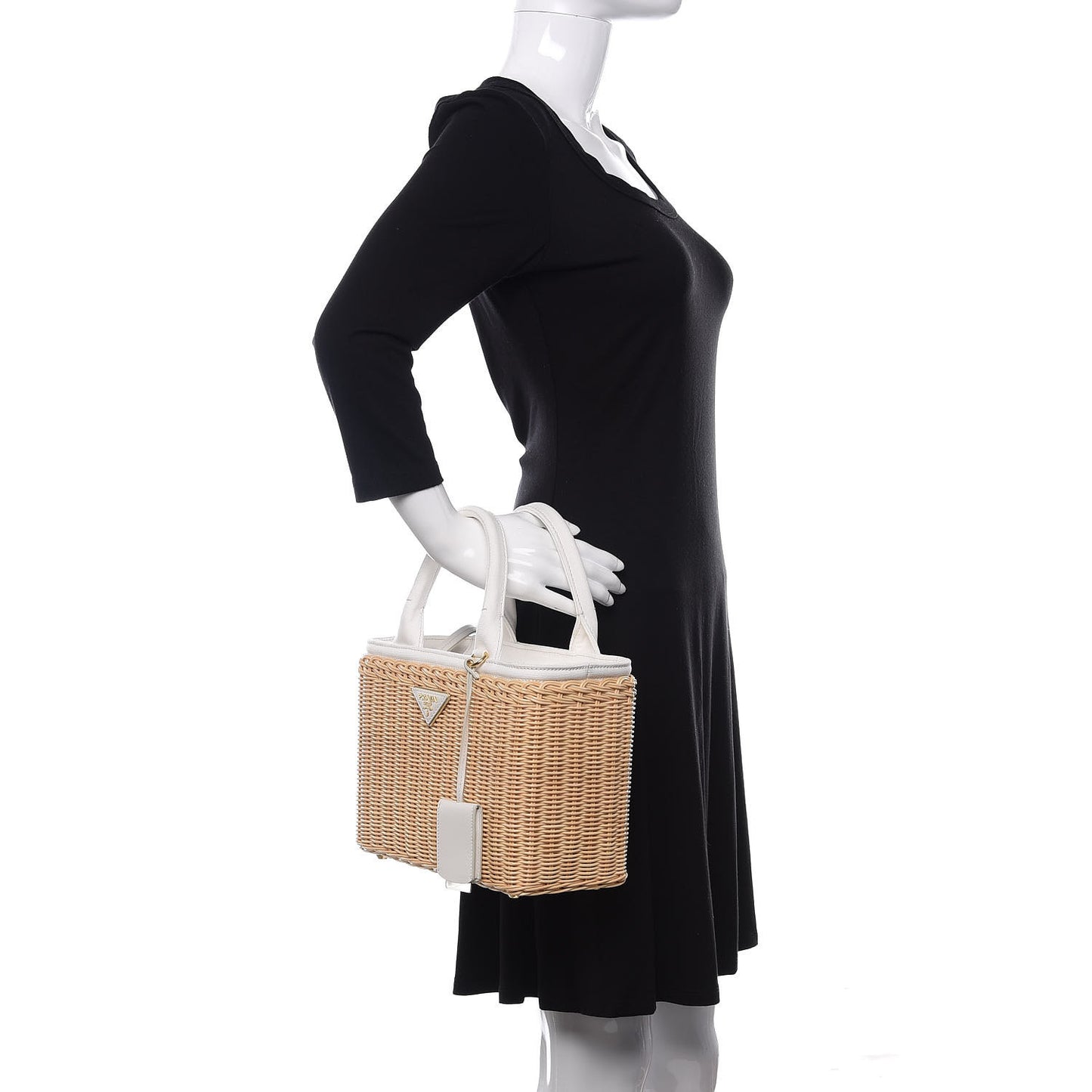 Canvas Wicker Shoulder Bag White Tan