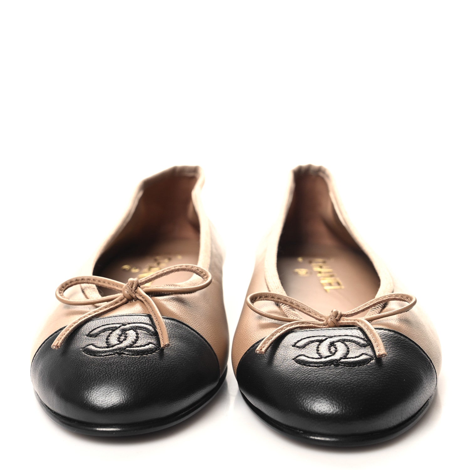 Chanel Lambskin Cap Toe CC Ballerina Flats 37 Beige Black 2 of 9