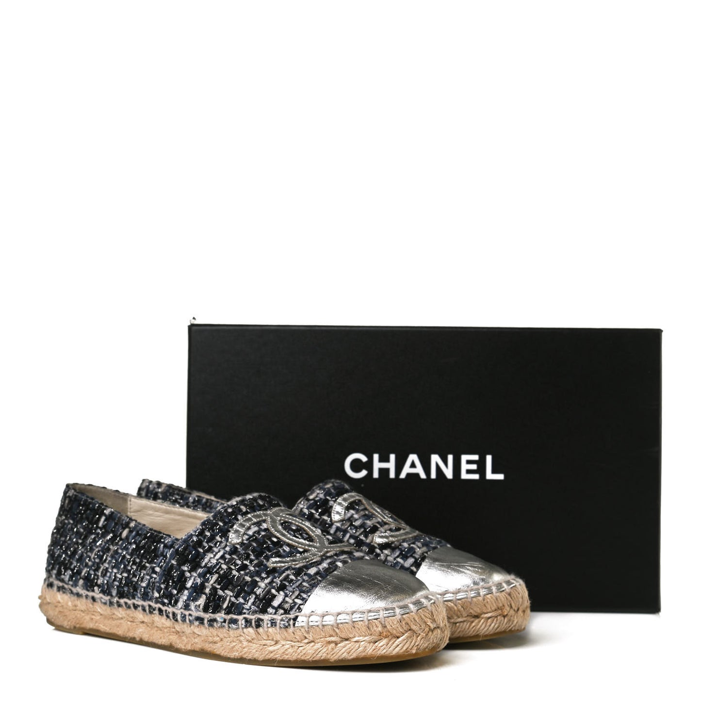 Metallic Tweed Lambskin CC Espadrilles 38 Blue Black Silver