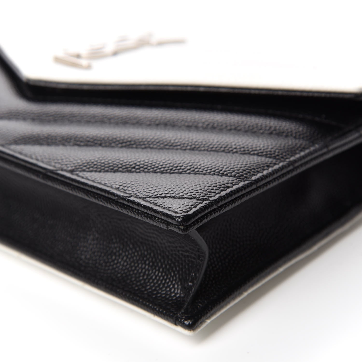 Saint Laurent Grain De Poudre Matelasse Chevron Monogram Envelope Chain Wallet Pearl White Black 7 of 10