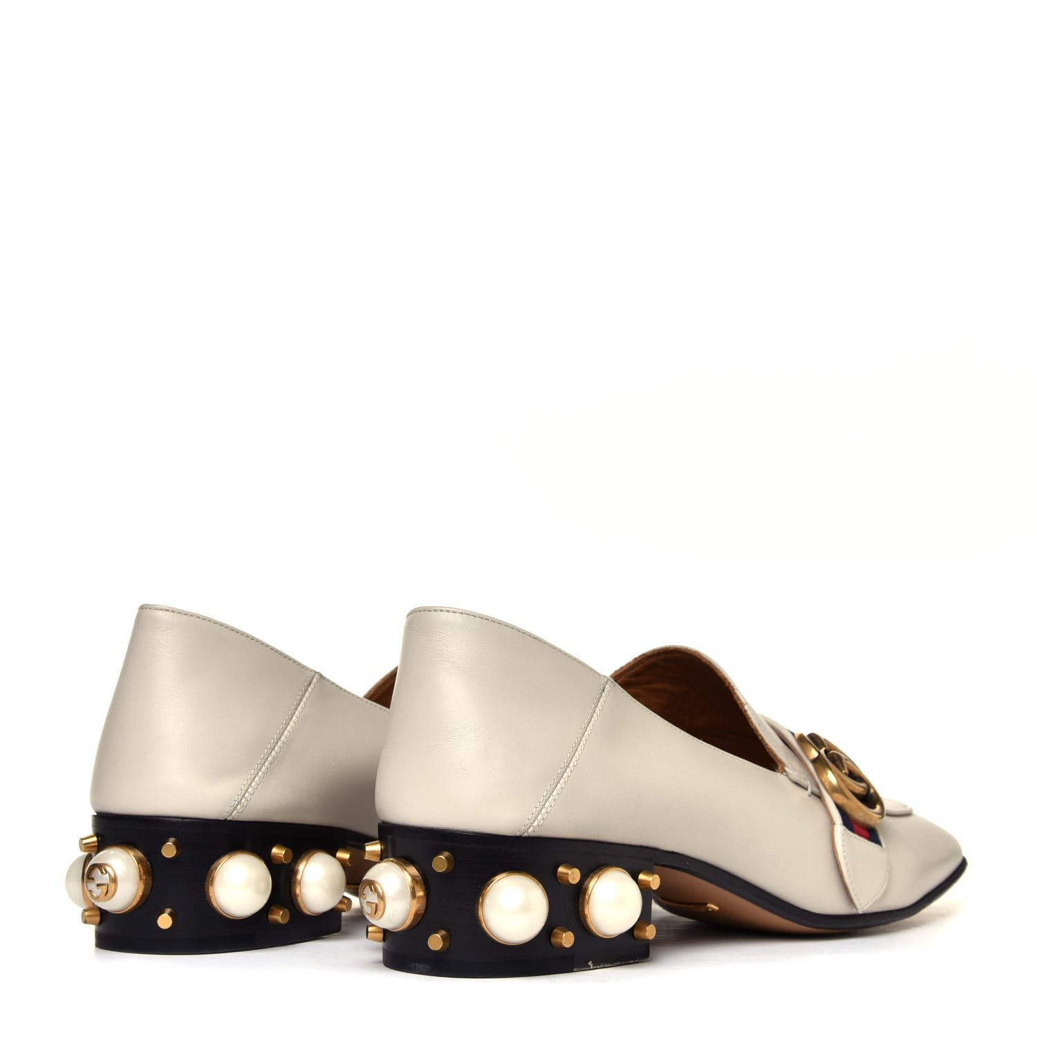 Gucci Betis Glamour Calfskin Web Pearl Embellished Peyton 35mm Loafer Pumps 39 Mystic White 6 of 14