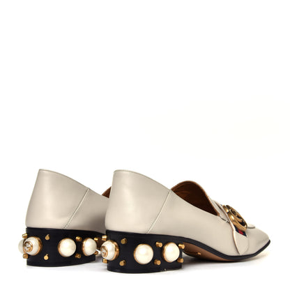 Gucci Betis Glamour Calfskin Web Pearl Embellished Peyton 35mm Loafer Pumps 39 Mystic White 6 of 14