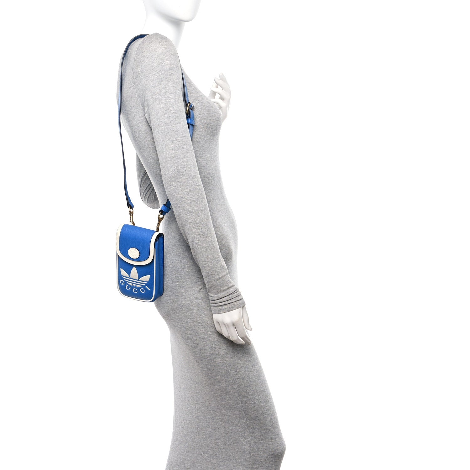 Gucci X ADIDAS Textured Dollar Calfskin Trefoil Embossed Phone Crossbody Bag Oriental Blue Mystic White 2 of 10