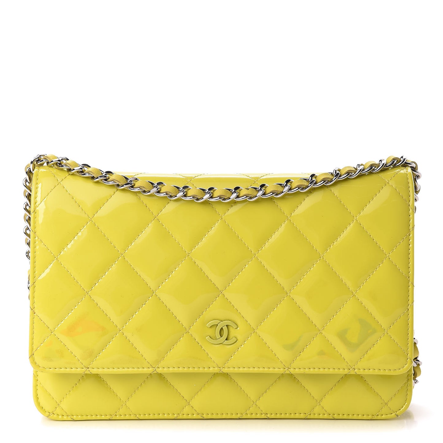 Patent Quilted Wallet On Chain WOC Yellow