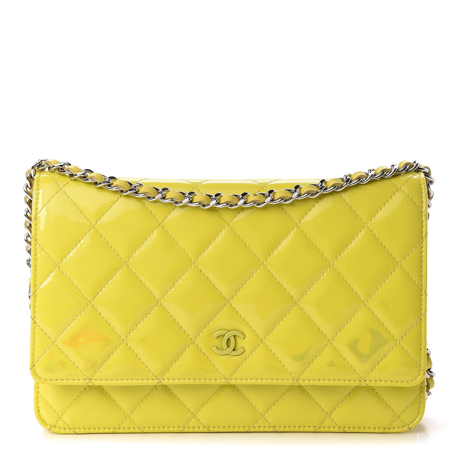 Chanel Patent Quilted Wallet On Chain WOC Yellow 1 of 20