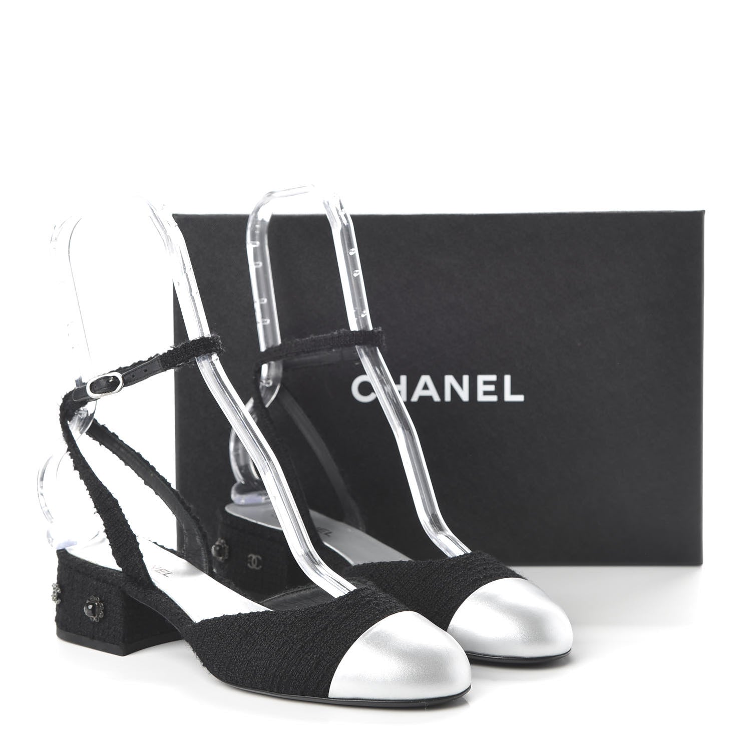 Chanel Tweed Iridescent Calfskin Cap Toe CC Slingback Pumps 38 Black Silver 9 of 11