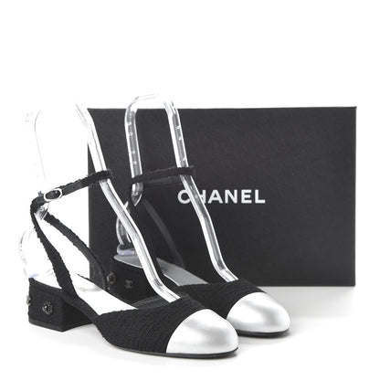 Chanel Tweed Iridescent Calfskin Cap Toe CC Slingback Pumps 38 Black Silver 9 of 11