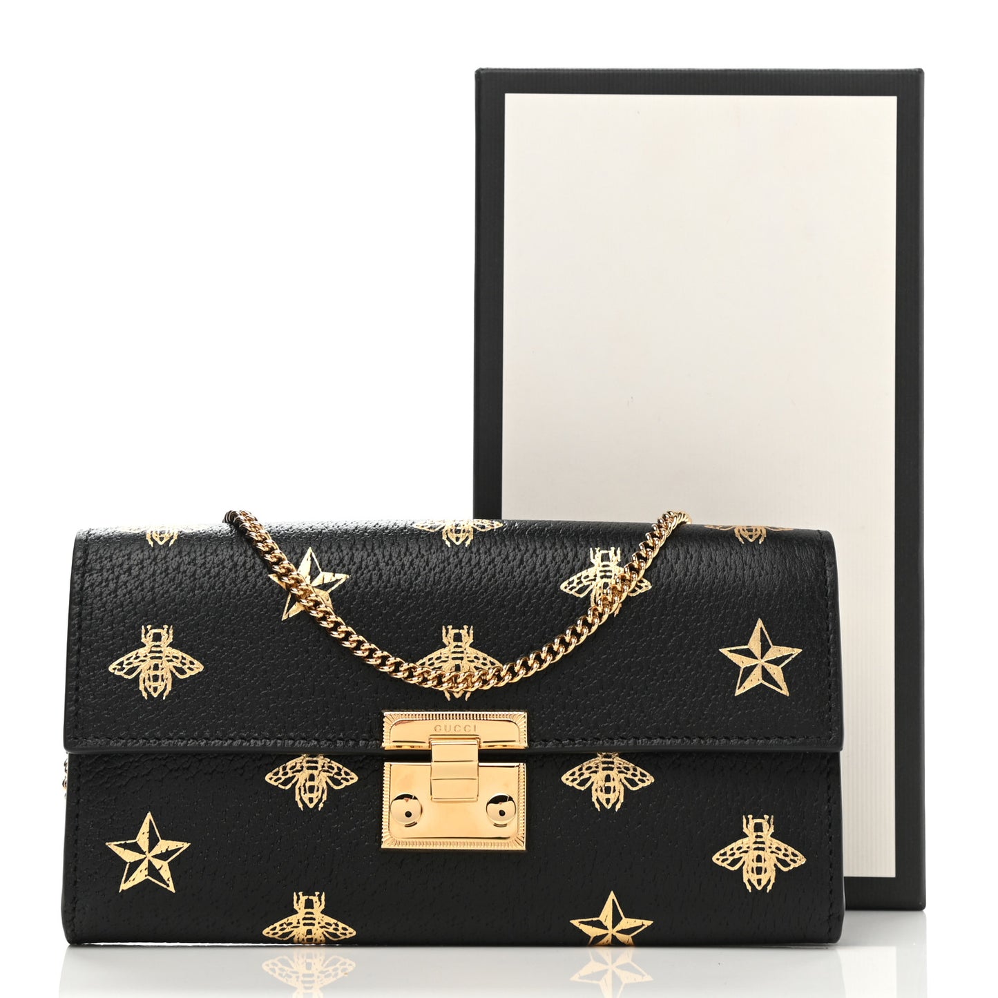 Grained Calfskin Bee Star Continental Chain Wallet Black