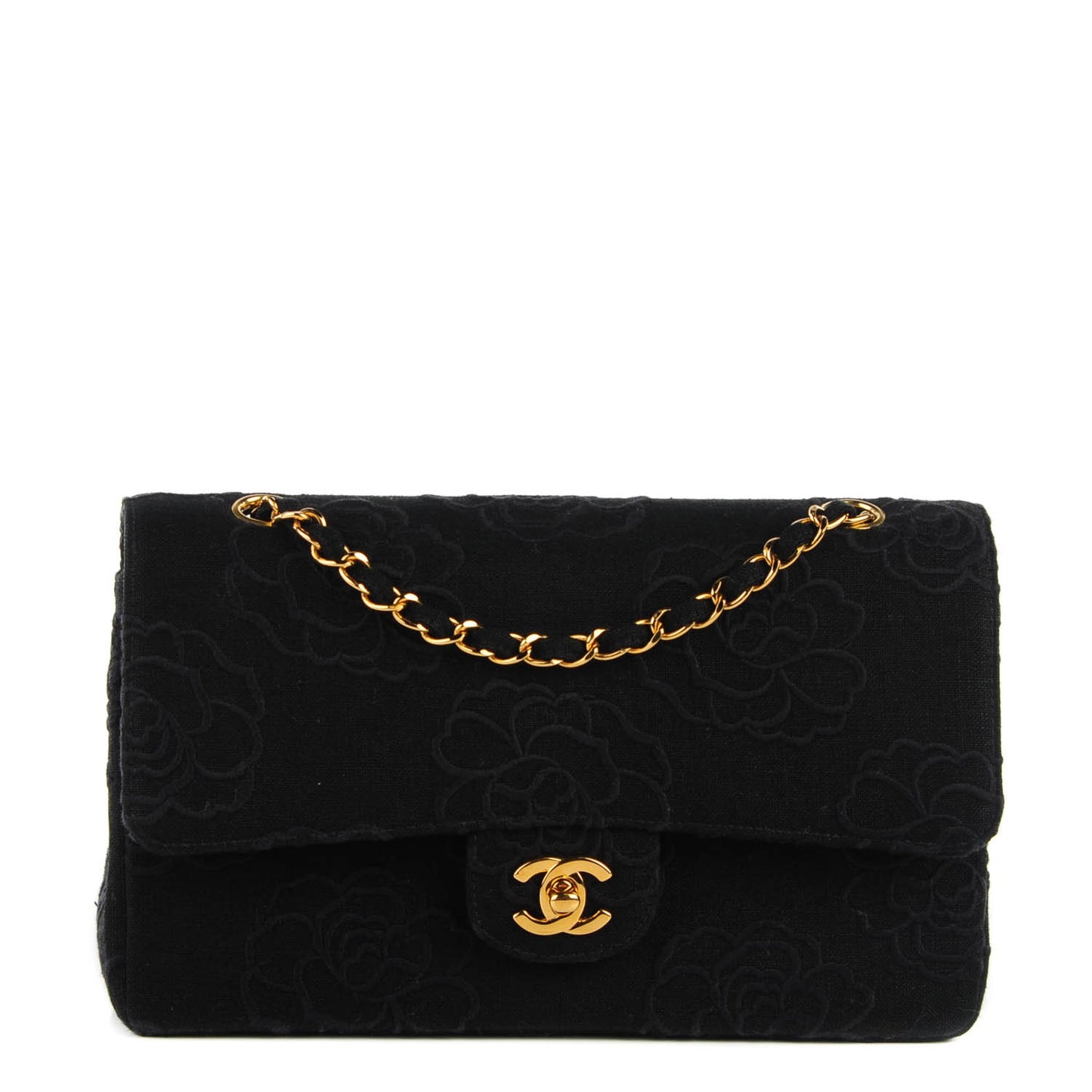 Canvas Camellia Embroidered Medium Double Flap Black