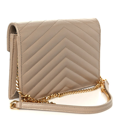 Saint Laurent Grain De Poudre Matelasse Chevron Monogram Envelope Chain Wallet Dark Beige 3 of 10